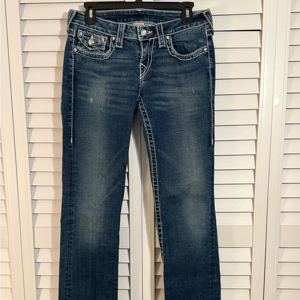 True Religion distressed blue bootcut jeans